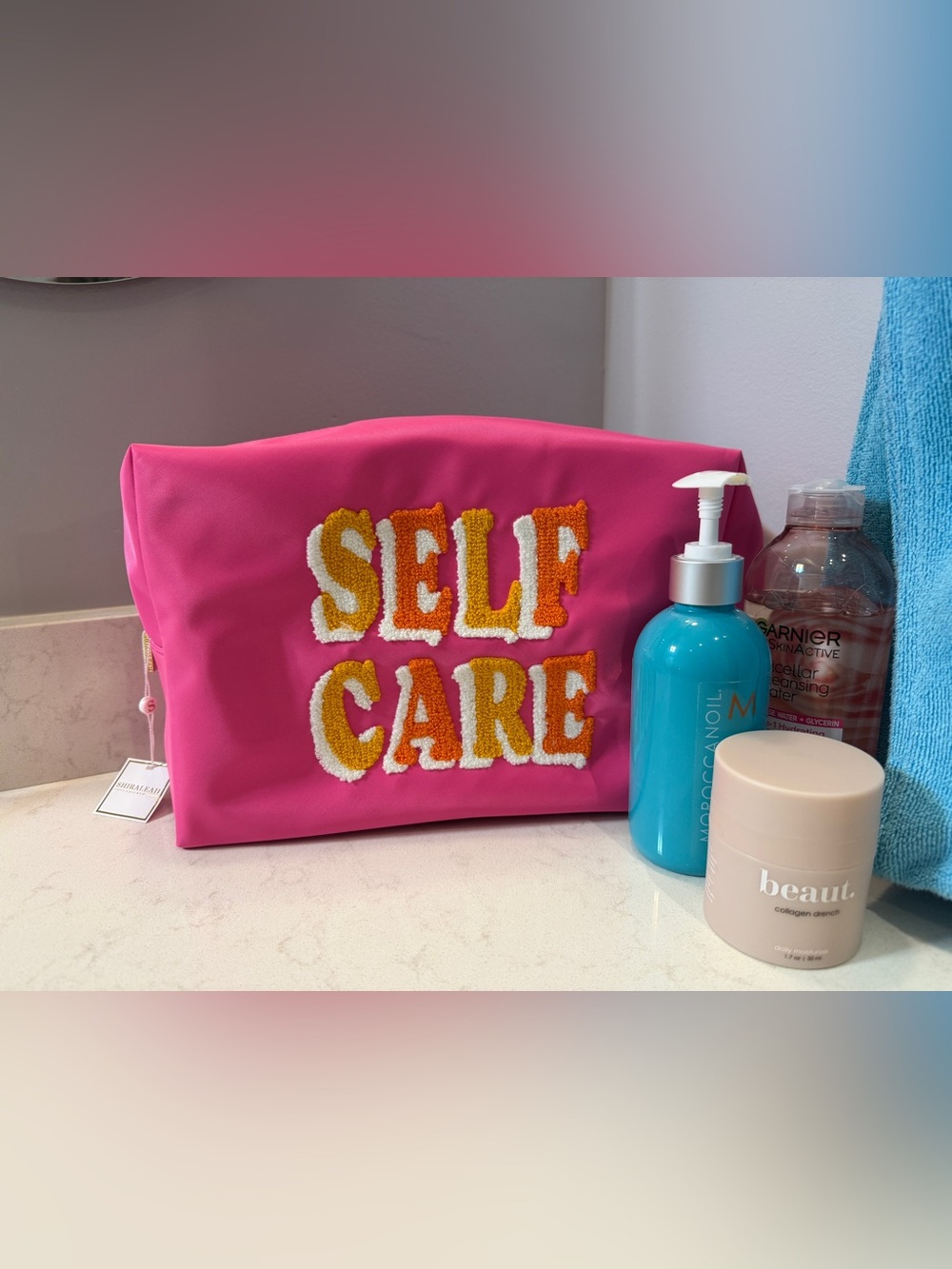 “SELF CARE” Pink Cosmetic Bag - Women Bath & Body Organizer